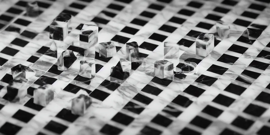 Prompt: Perspective shot of a polished marble Chessboard with closeup of rochade move, reflections, glossy lights, 4K, award winning studio photo