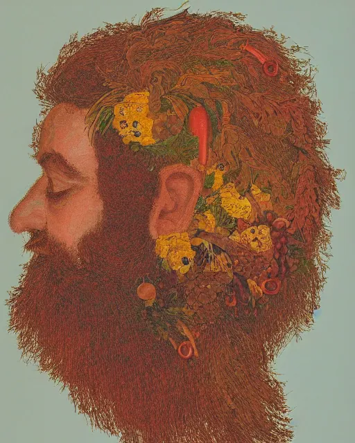 Prompt: a man's face in profile, long beard, made of fruit and flowers, in the style of the Dutch masters and Chuck Close, dark and moody