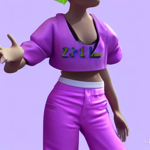 Image similar to y2k, late 90s, early 2000s pink and purple baggy outfit 3d character model render, detailed, white background, 4k, aesthetic