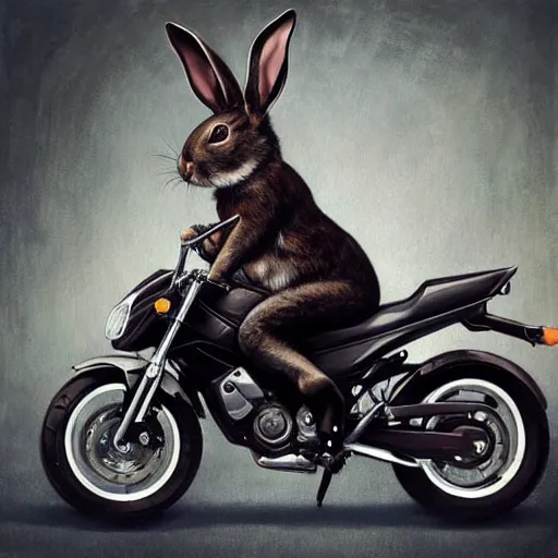 Image similar to a bunny wearing a leather jacket, riding a suzuki dr 6 0 0 motorcycle, sporty, highly detailed, digital painting, artstation, concept art, matte, sharp focus, highly detailed, 4 k, hdr, smooth, sharp focus, high resolution, award - winning photo, photorealistic, art by artgerm and greg rutkowski and alphonse mucha, large shot