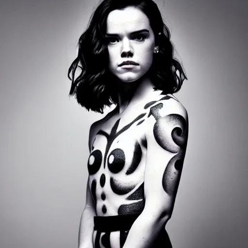 Image similar to black and white tattoo of daisy ridley