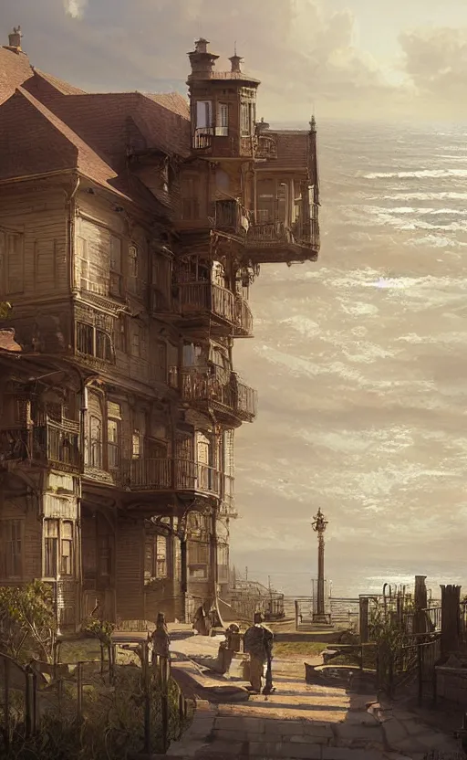 Prompt: Portrait of a victorian town with the ocean visible in the background, victorian, highly detailed, cinematic lighting, digital art painting by greg rutkowski
