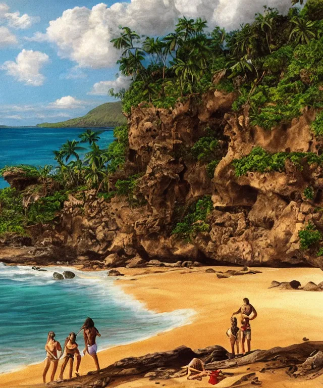 Image similar to photorealistic painting of turtle bay beach jamaica, sharp cliffs, island with cave, dark, atmospheric, brooding, smooth, finely detailed, cinematic, epic, in the style of clyde caldwell