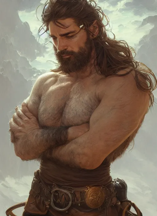 Image similar to portrait of a ruggedly handsome cleric, soft hair, muscular, half body, leather, hairy, d & d, fantasy, intricate, elegant, highly detailed, digital painting, artstation, concept art, smooth, sharp focus, illustration, art by artgerm and greg rutkowski and alphonse mucha