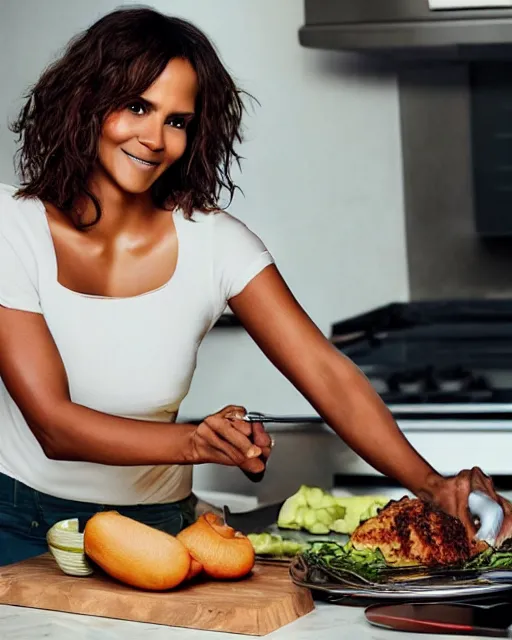 Prompt: photoshoot of model halle berry cooking a meal, 8 k, photorealistic