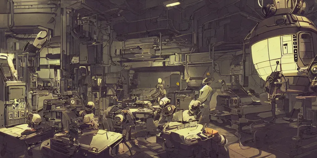 Prompt: concept art, intimate, retro, atomic age, droid repair workshop, 7 0 s aesthetics and palette, soft lighting, syd mead, akihiko yoshida, cinematic