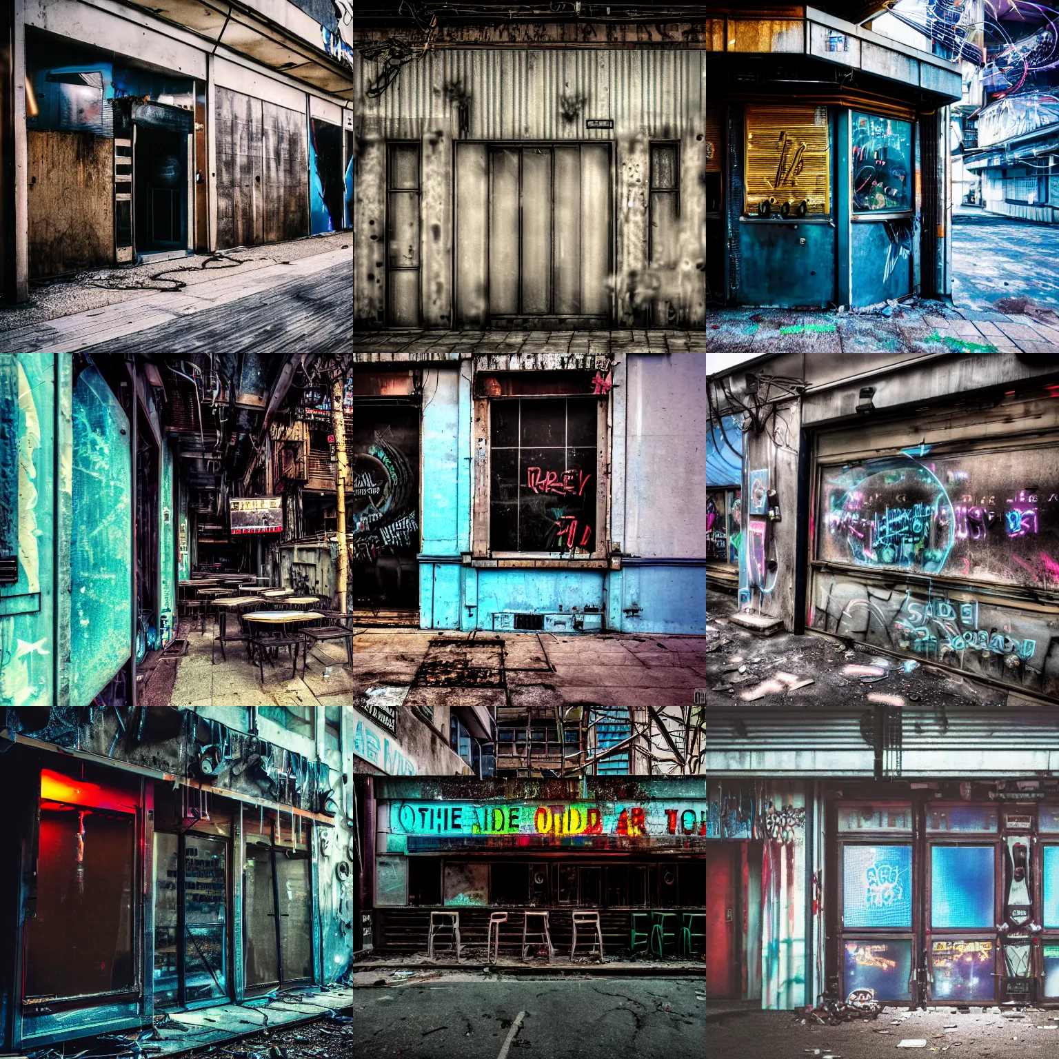 Prompt: the outside of an abandoned cyberpunk bar in the middle of an alien world, travel photography, motion blur, depth of field, bokeh