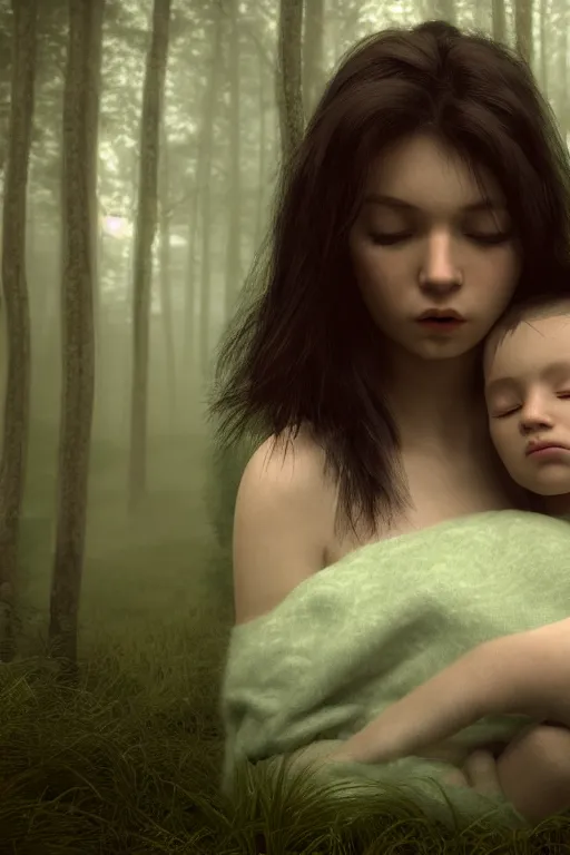 Image similar to a cinematic shot of a young woman with dark hair holds a baby in a dark, foggy forest, octane render, nvidia raytracing demo, closeup, masterpiece