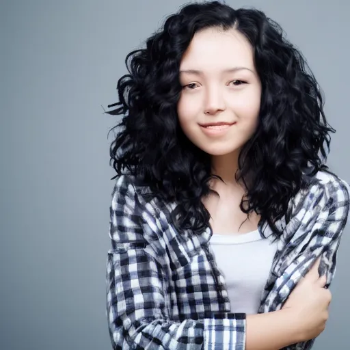 Prompt: a young woman with short black wavy hair