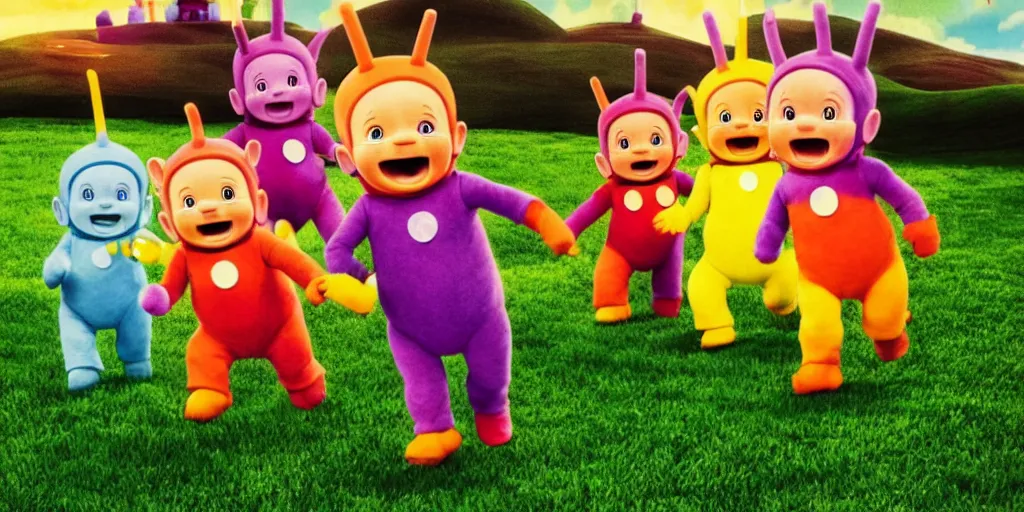 Image similar to teletubbies running on the string destroying everything with a flamethrower.