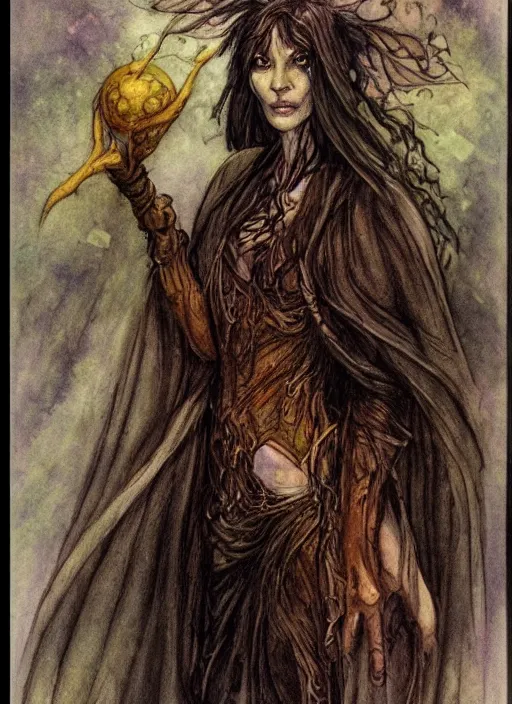 Image similar to portrait of lithe female sorceress of the fey, beautiful! coherent! dungeons and dragons character, by brian froud, strong line, night color, high contrast