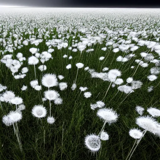 Prompt: a field completely covered by white detailed dandelions, gloom, volumetric lighting