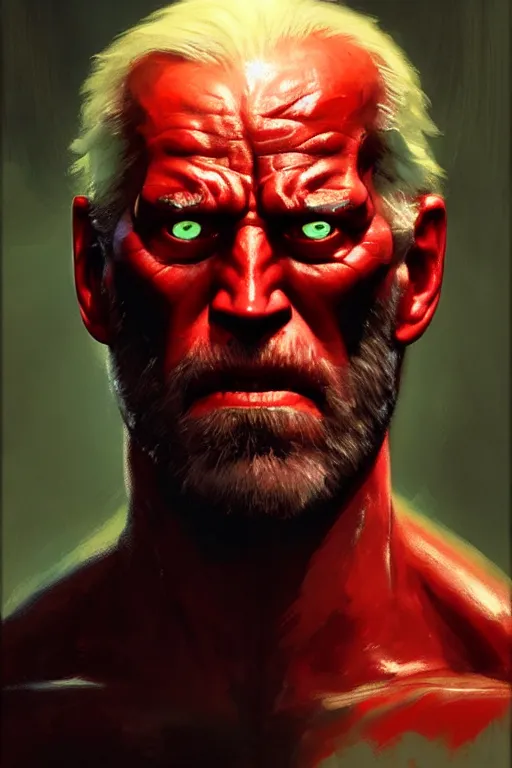 Image similar to extreme close up, facial portrait, joe biden as hellboy, stoic, grim dark, moody, portrait dnd, painting by gaston bussiere, craig mullins, greg rutkowski, yoji shinkawa