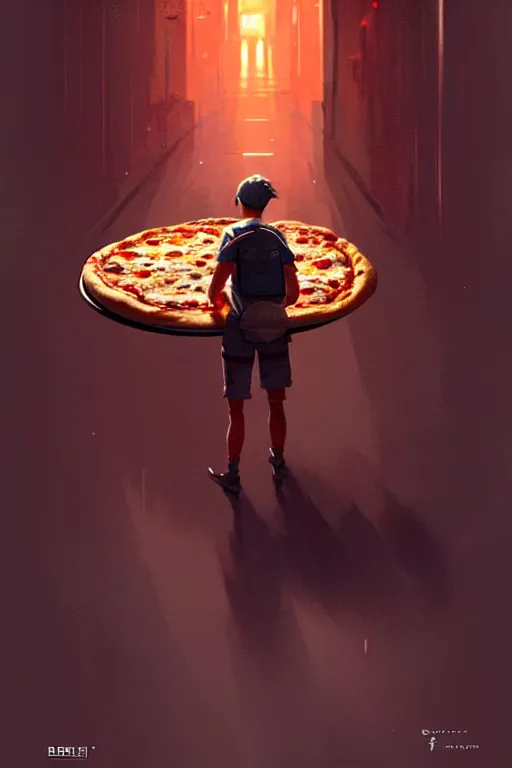 Image similar to greg rutkowski travel poster science fiction pizza delivery boy