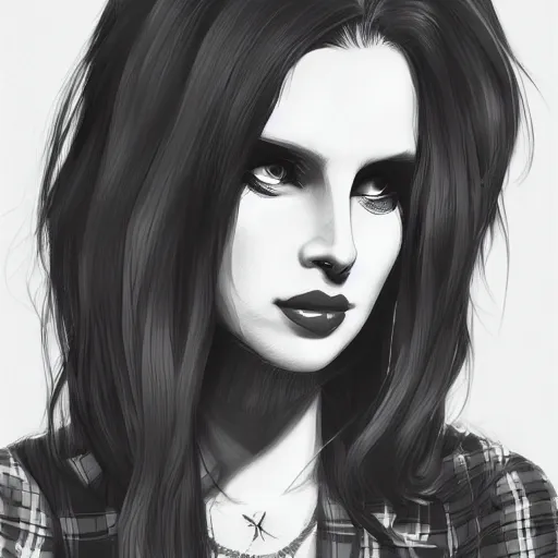 Image similar to full headshot portrait of Lana del ray punk, digital art, drawn by WLOP, by Avetetsuya Studios, anime manga panel, trending on artstation, wearing a plaid shirt