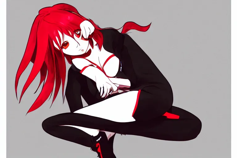 Image similar to a girl sitting vertically, wearing a black outfit with red trim, white background, soft shadow, vector shaded anime, very anime, detailed colors, digital art, 4 k