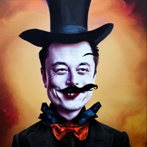 Image similar to elon musk as the grim-hatter with evil mustache grinning, cinematic, dark oil paint, realistic flavor, decaying rich colors!, instagram photo