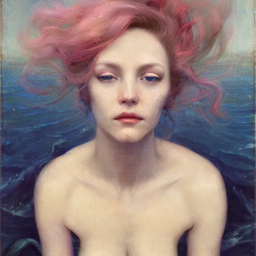 Image similar to goddess of magnolias, wind swept hair, murky underwater and dreaming by jeremy lipkin, vincent di fate, hieronymus bosch, rule of thirds, seductive look, beautiful