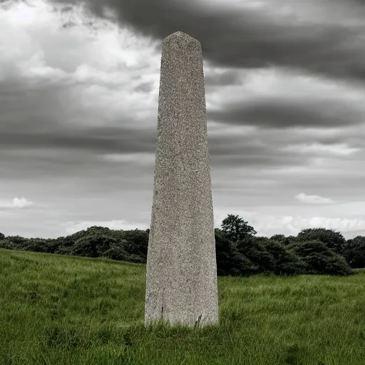 Prompt: a large, granite obelisk in a grassy field in summer. overcast sky.