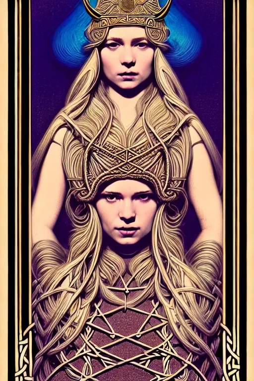 Prompt: beautiful, subtle, and refined engraved fractal tarot card featuring an ornate, realistic, and regal high key studio anaglyph portrait of an attractive young viking princess with braided blonde hair and a helmet by Eric Lafforgue, by Suicide Girls, by Dan Mumford, by Jim Fitzpatrick, featured on deviant art, trending on artstation