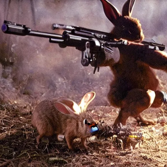 Prompt: mutant rabbit hellspawn shoots minigun, film still