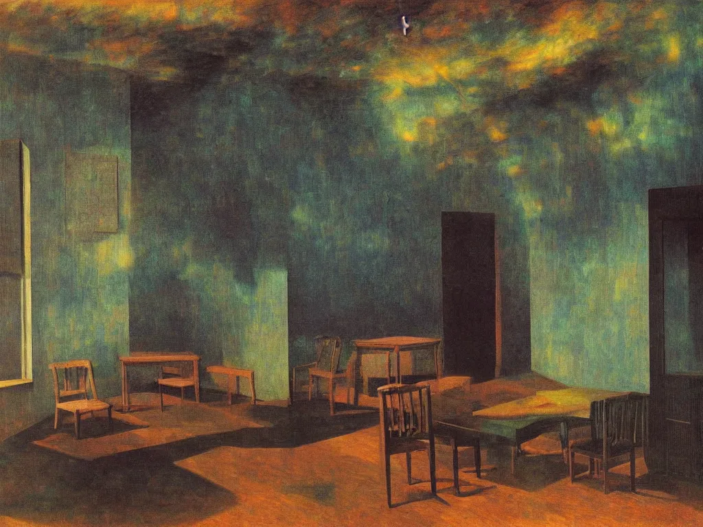 Prompt: interior of a flooded old house with furniture. aurora borealis. iridescent, psychedelic colors. painting by hammershoi, max ernst, rene magritte, titian, agnes pelton, monet, hockney