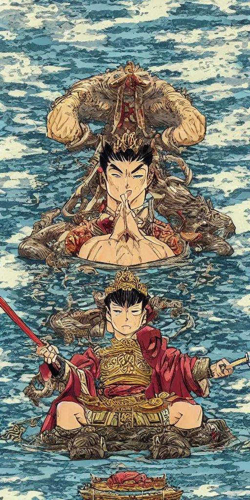 Image similar to a lone emperor sitting on a throne floating on water in the middle of a lake drawn by Makoto Yukimura in the style of Vinland saga anime, full color, detailed, psychedelic