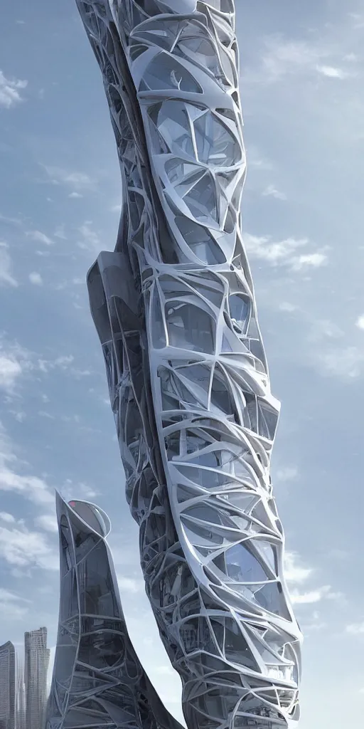 Image similar to epic futuristic tower, highly detailed, realistic, by zaha hadid