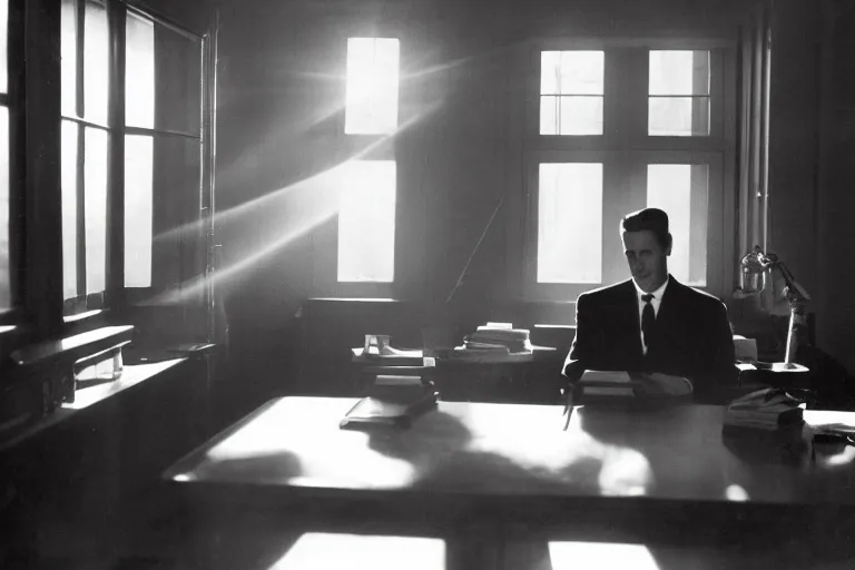 Image similar to a 1 9 5 0 s detective in his office, sunbeams streaming through the window