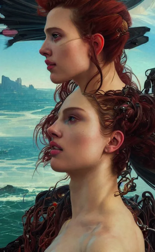 Prompt: portrait of the birth of venus, scarlett johansonn as a character in arabian Cyberpunk 2077, looking at camera, intricate, dystopian, sci-fi, extremely detailed, digital painting, artstation, concept art, smooth, sharp focus, illustration, intimidating lighting, incredible art by artgerm and greg rutkowski and alphonse mucha and simon stalenhag