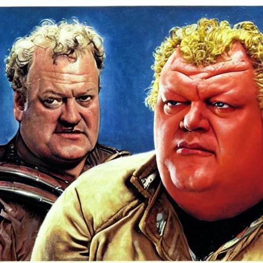 Image similar to head and shoulders portrait of actor Kenneth McMillan as baron harkonnen apoplectic with anger in dune 1982 movie, background dystopian scifi palace, painted by norman rockwell and tom lovell and frank schoonover