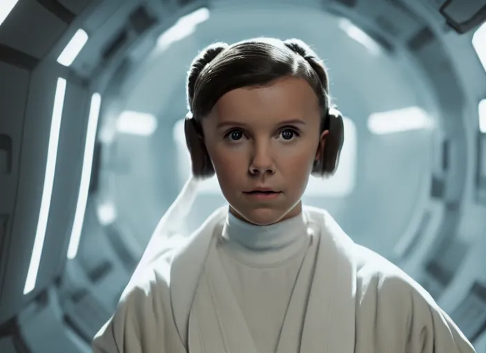 Prompt: film still of!!!! millie bobby brown!!! as princess leia in star wars movie, closeup portrait, wearing long white robe, deep focus, exploring interior of a spaceship, glamour pose, dramatic lighting, octane, mist, volumetric lighting, 8 k