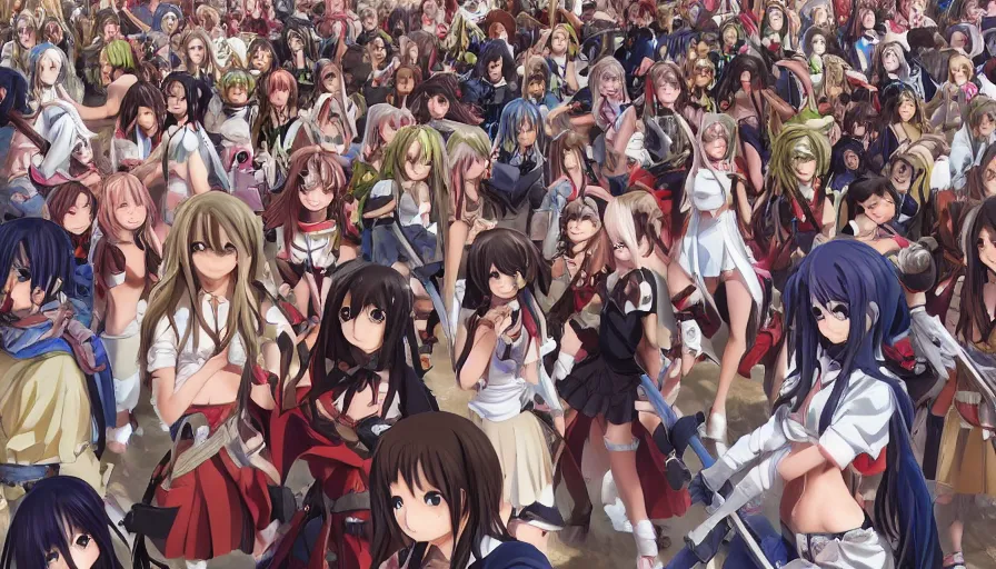 Image similar to jesus christ our lord standing in the front leading an army of cute anime girls into battle, photorealistic, anime, realistic faces, mini skirt, long hair, lightly dressed, renaissance painting, hyper real, detailed, closeup shot, ultra detailed