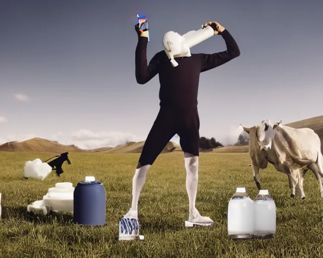 Prompt: incredible absurd nihilistic surreal photoshoot advertisement for milk, people drinking milk and dairy products in the style of tim walker, vsco film grain