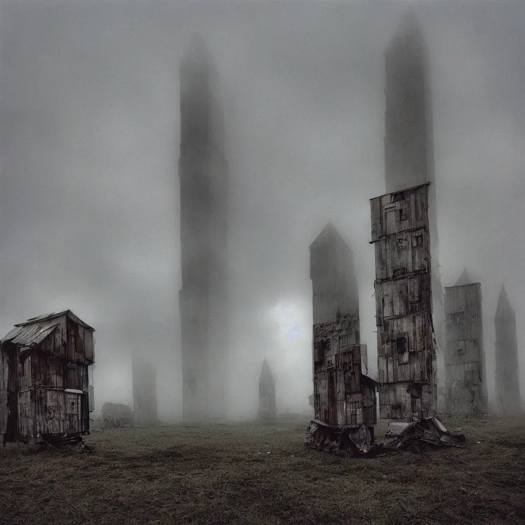 Prompt: two towers, made up of makeshift squatter shacks with faded colours, misty, moody sky at the back, dystopia, mamiya, f 1 1, fully frontal view, photographed by trent parke