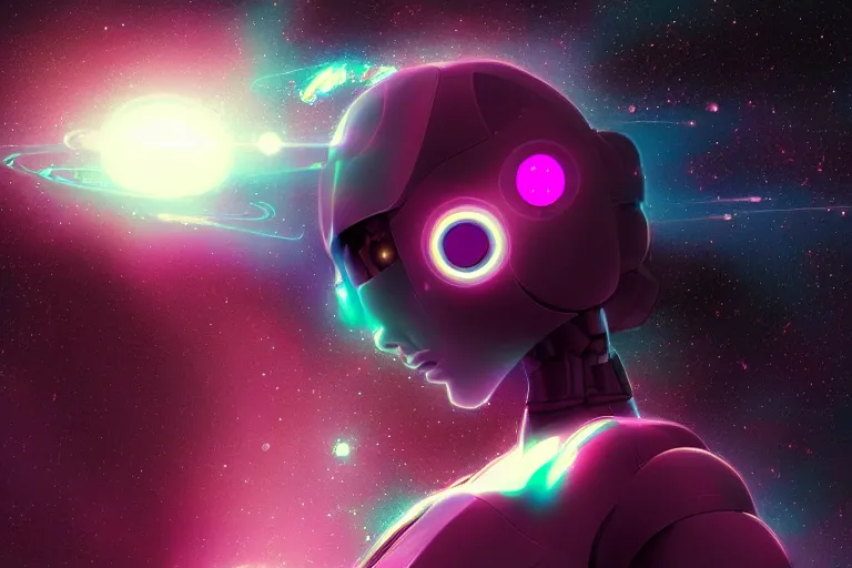 Image similar to a beautiful calm robot girl looking up at the galaxy, digital art, synthwave,