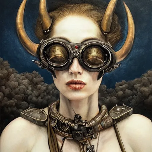 Image similar to a hyperrealistic portrait painting of a beautiful woman with demonic horns wearing steampunk goggles, riding a horse into the fires of hell, by santiago caruso, highly detailed,