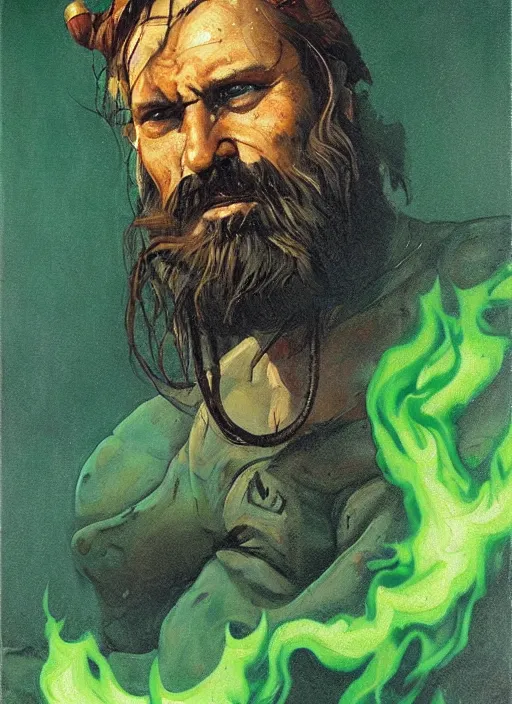 Image similar to portrait of grizzled sailor on sea of green flame, coherent! by brom, deep color, strong line, high contrast