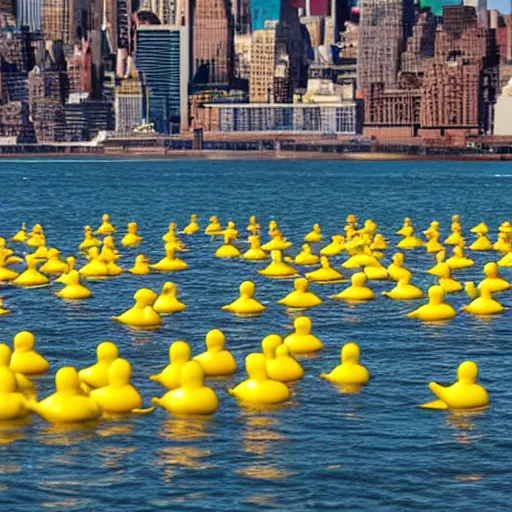 Prompt: massive tsunami wave of rubber ducks crashing into Manhattan skyline