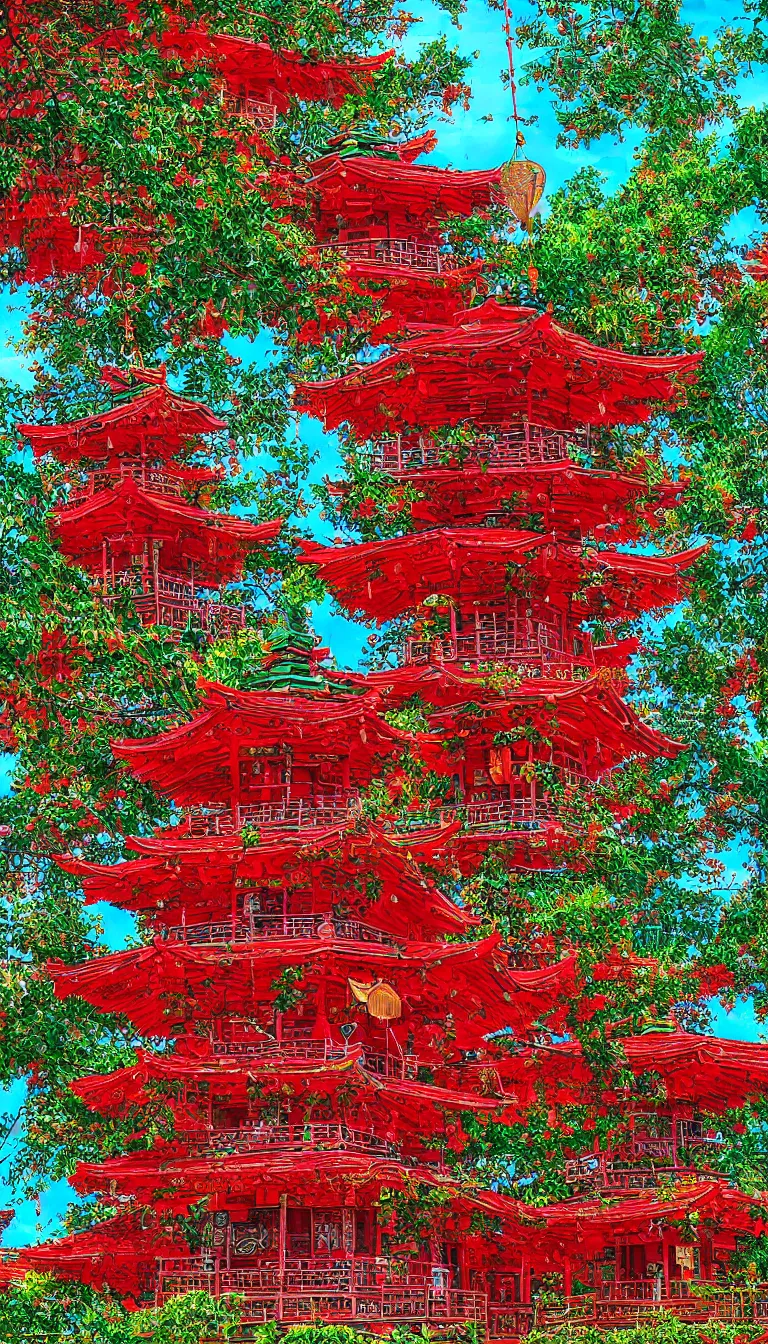 Prompt: pagoda with a lot of wind chimes, digital art, vibrant reds and greens