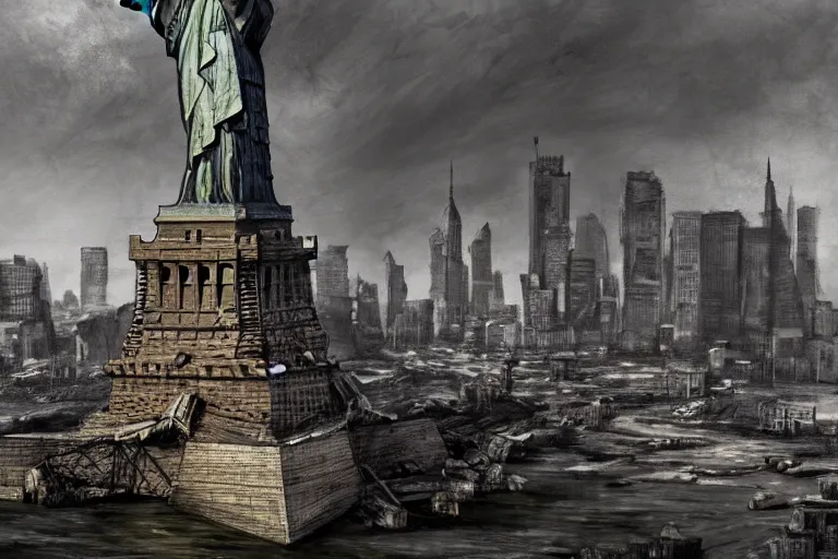 Prompt: The statue of liberty falling apart and rotted after nuclear fallout, city of new york wasteland, concept art by Ray Lederer, fallout concept art, wallpaper, trending on art station