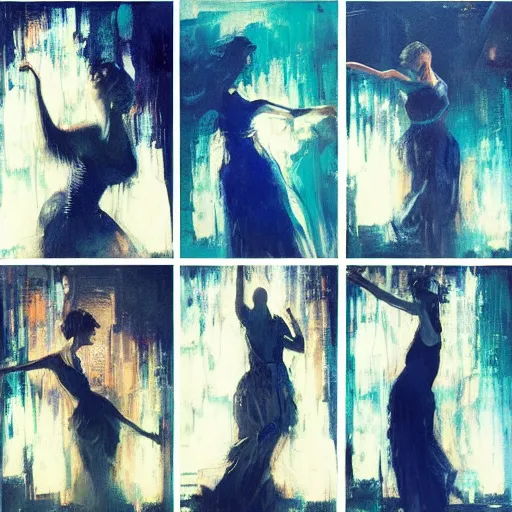 Image similar to portrait of beautiful girl sensual dancing, ecstatic, wonderful techno party, shades of blue, utopia, by by greg rutkowski, by jeremy mann, by francoise nielly, by vincent van gogh