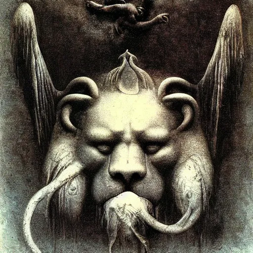 Image similar to cherub with four faces : man, lion, eagle, bull. drawn by zdzislaw beksinski