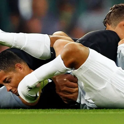 Prompt: ronaldo in a game laying down because he's tired and his teammates are angry at him
