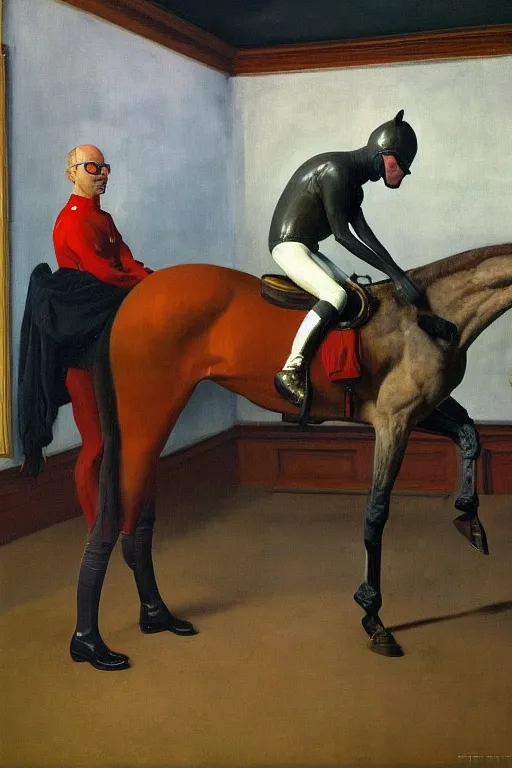 Prompt: man in horse costume, horse in costume astronaut, horse racing, hauntingly surreal, highly detailed painting by francis bacon, edward hopper, adrian ghenie, gerhard richter, and james jean soft light 4 k,