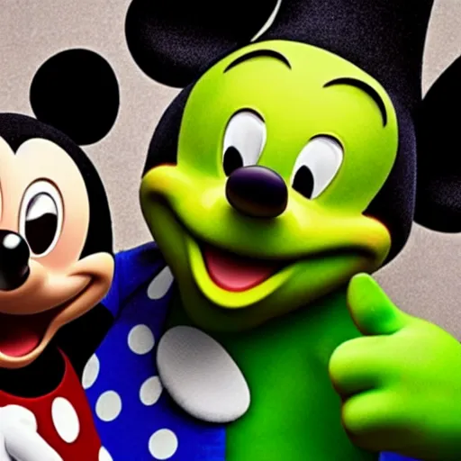 Prompt: Mickey mouse and Shrek taking a selfie