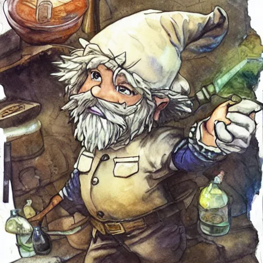 Image similar to Gnome Alchemist distilling botanicals, drawn by Yoji Shinkawa, water color, Dungeons and Dragons, Wizards of the Coast