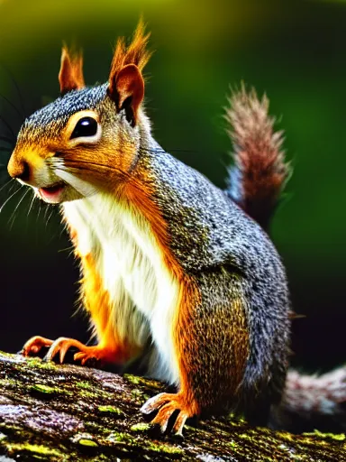 Image similar to the squirrel king, extremely plump, wearing crown of acorns and dandelions, servant squirrels, king arthur's court, low angle, palace, fantasy art, cinematic lighting, realistic, sony 2 4 mm f 4. 0