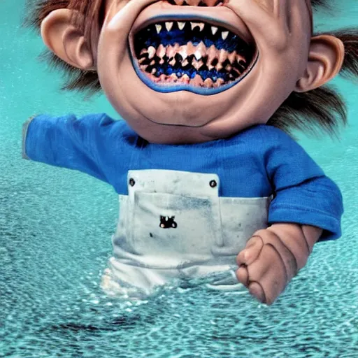 Image similar to screaming chucky doll swimming in deep blue murky water