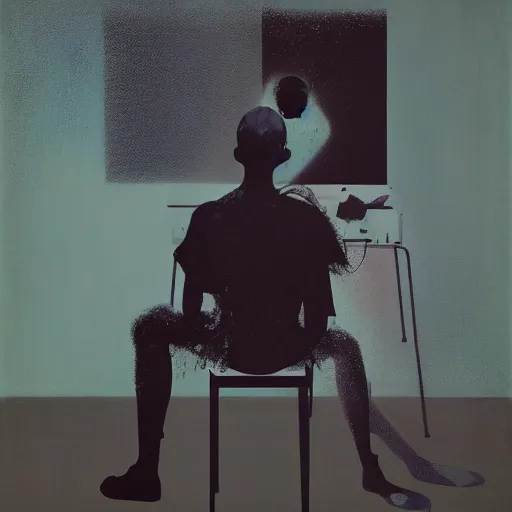 Image similar to portrait of a morphed gamer sitting on a stool looking into a mirror doing makeup by james jean and luc tuymans and beeple and hernan bas and pat steir and hilma af klint, psychological, 3 d, dripping paint, monochrome, high quality render, masterpiece